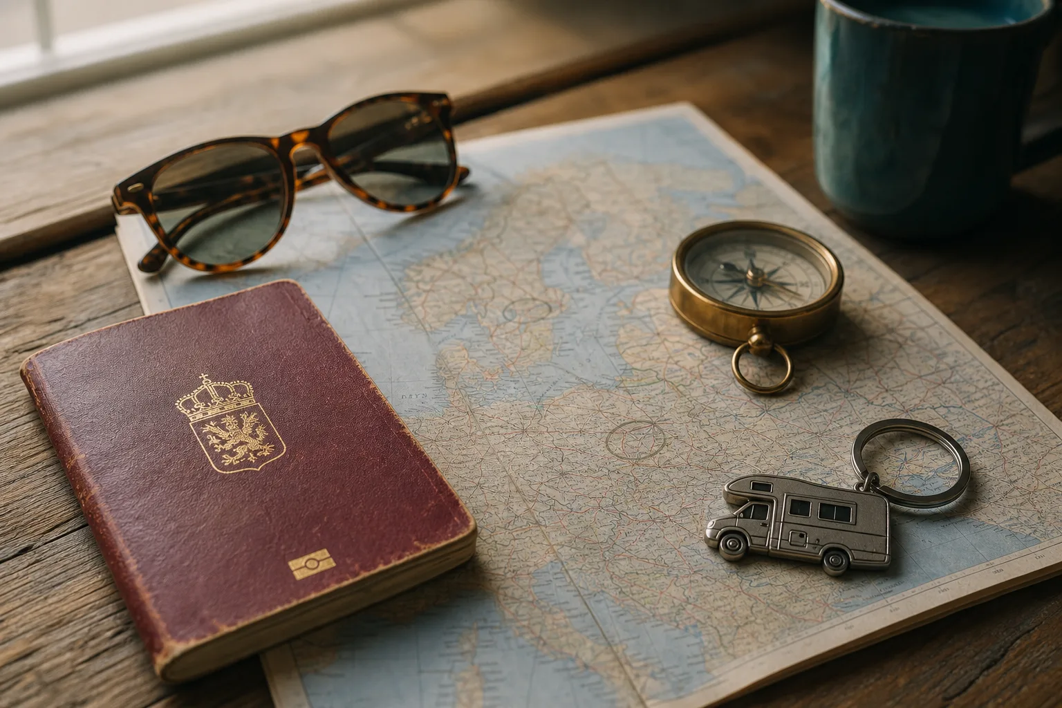 Passport, Europakarta och kompass på trämöbel — research inför husbilsturen