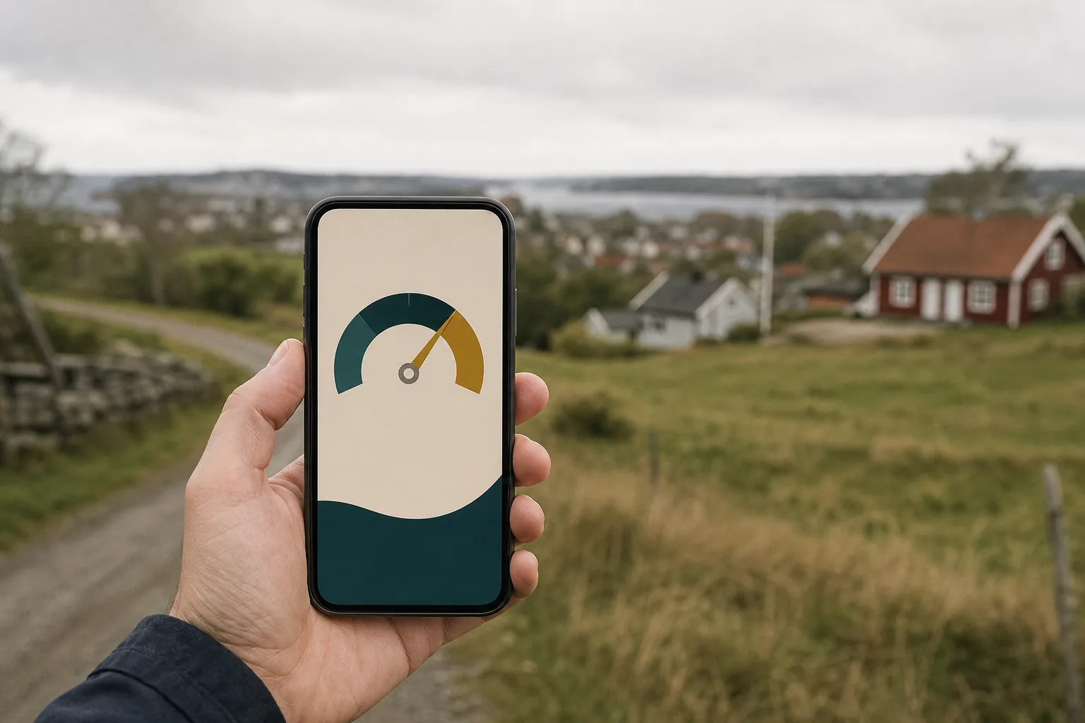 Hand som håller mobiltelefon med hastighetsmätare mot svensk landsbygd