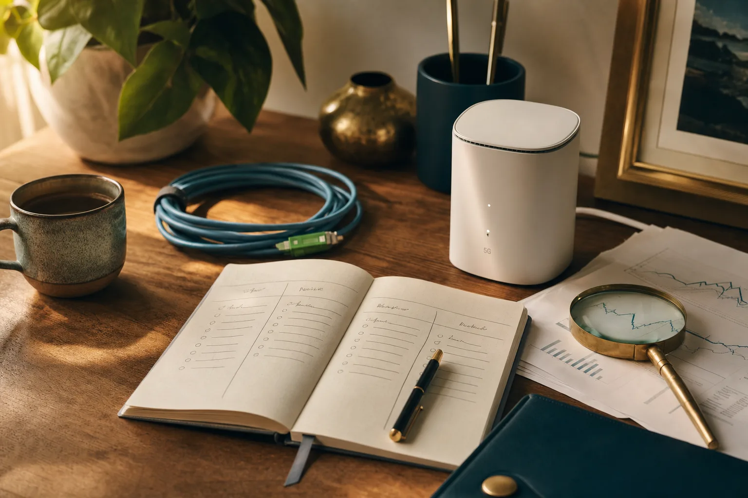 Skrivbord med anteckningsbok, router och fiberkabel — researcharbete inför bredbandsval