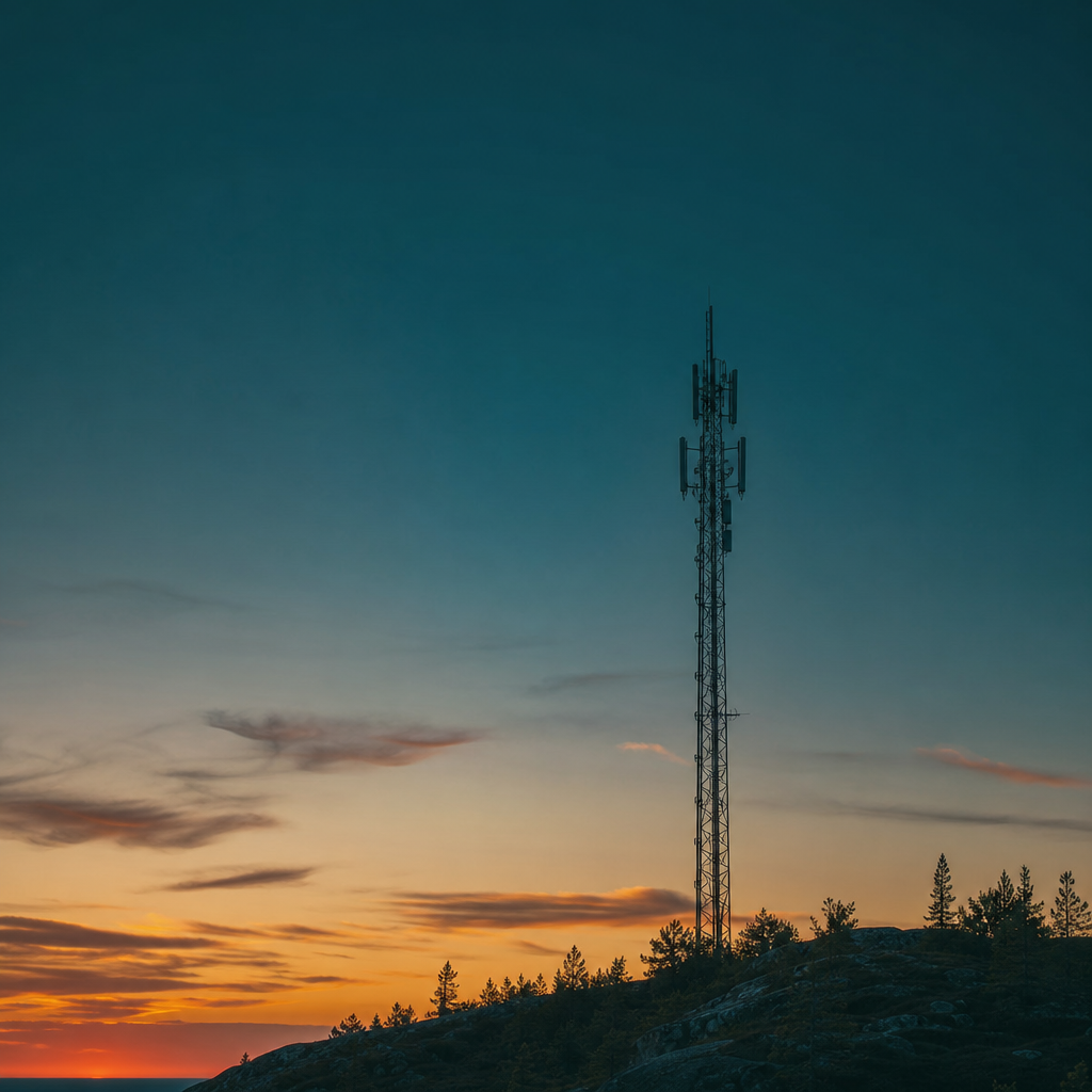 Ensam telekommast siluetterad mot svensk skymning