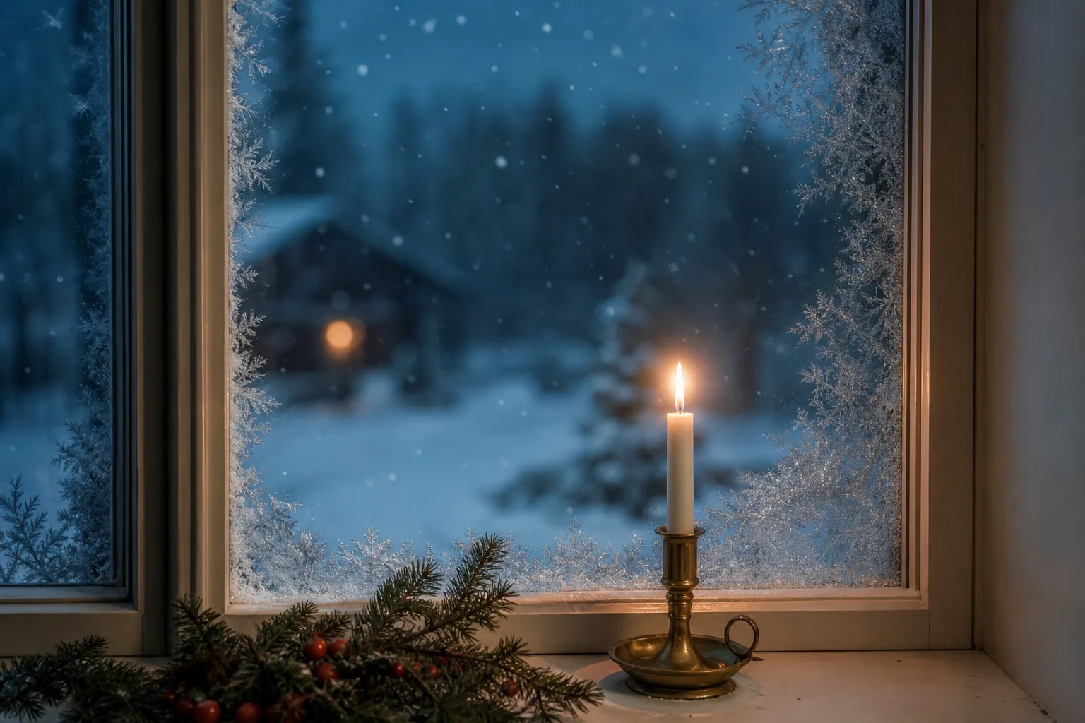 Svenskt vinterfönster med frostkristaller, mässingsljusstake och rödbär