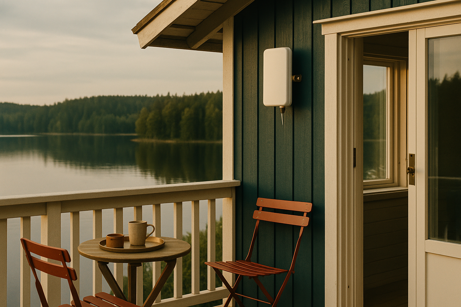 Svensk sommarstuga med 4G-antenn monterad mot en sjö