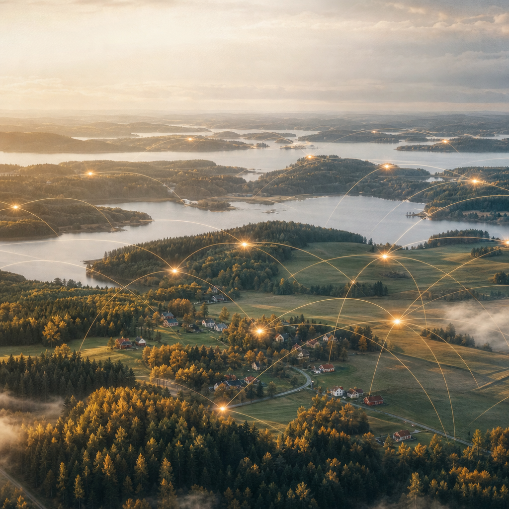 Aerial vy över svensk landsbygd — illustrerar marknadens täckning
