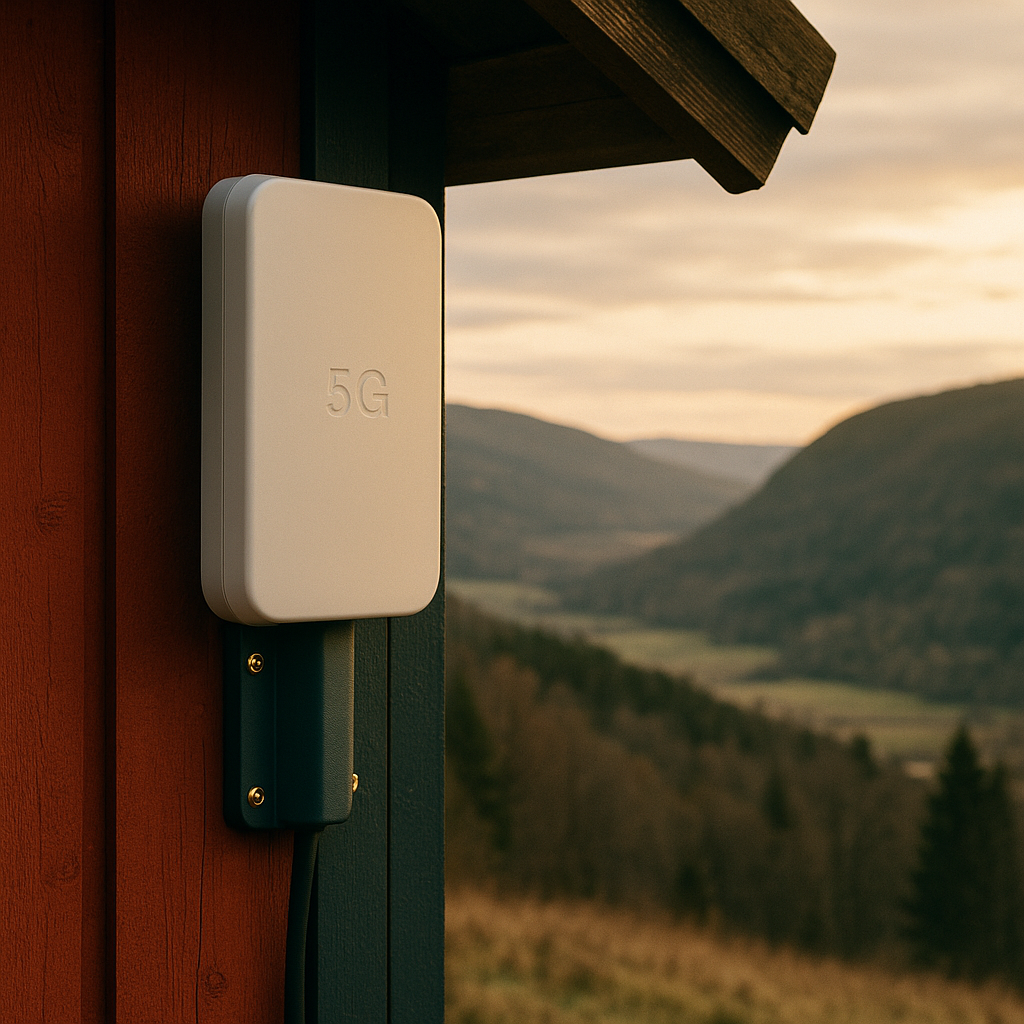 5G-utomhusantenn på röd svensk fasad