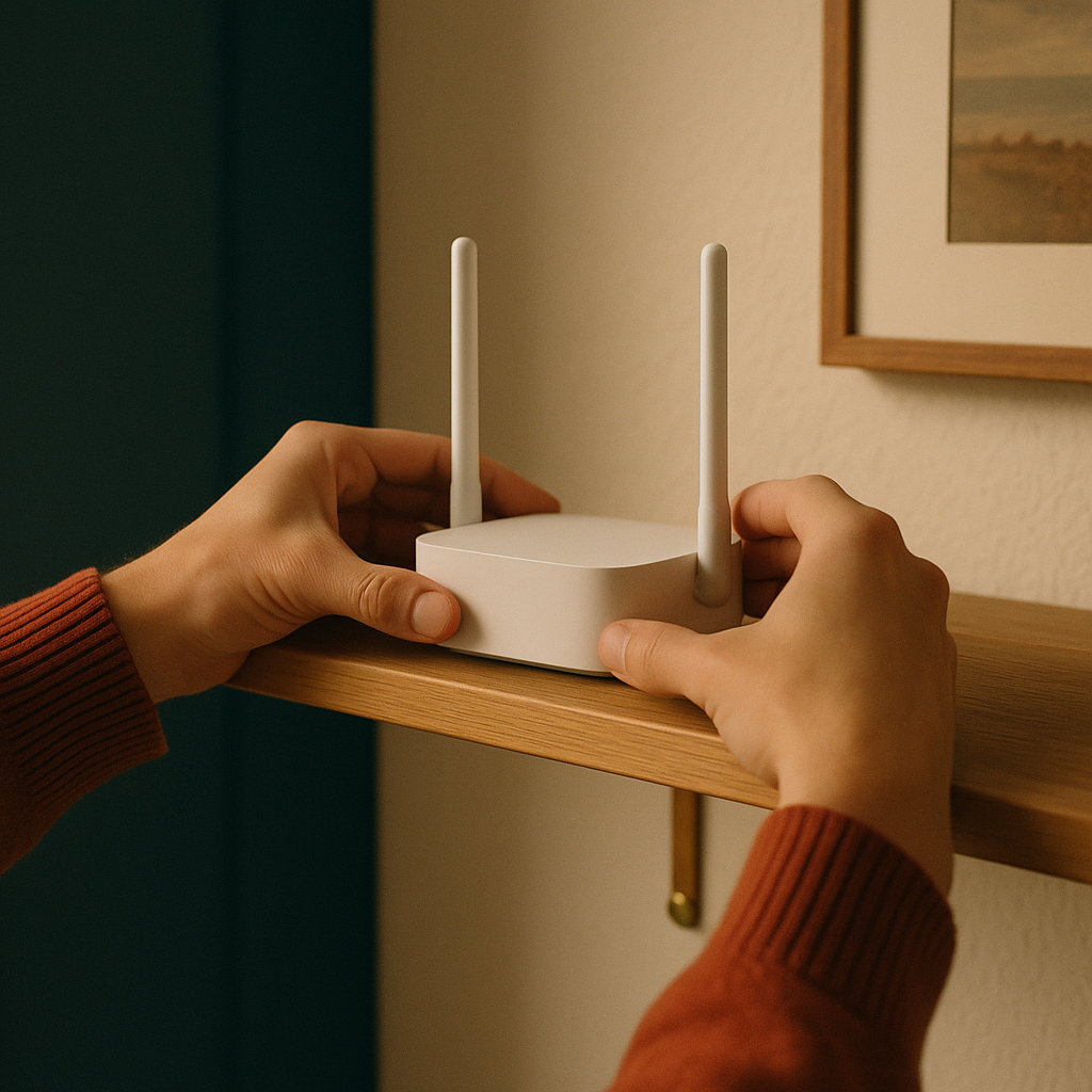Händer som installerar en wifi-router på en hylla