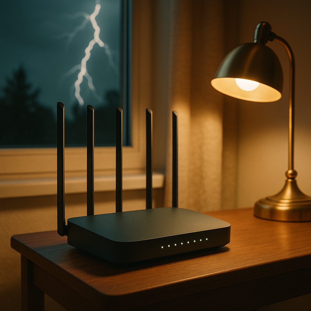 Modern router på bord med blixtnedslag synligt genom fönster