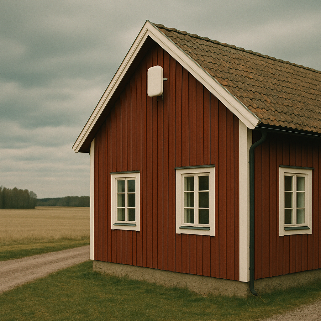 Falurött svenskt lantbruk med 5G-antenn monterad högt på fasaden