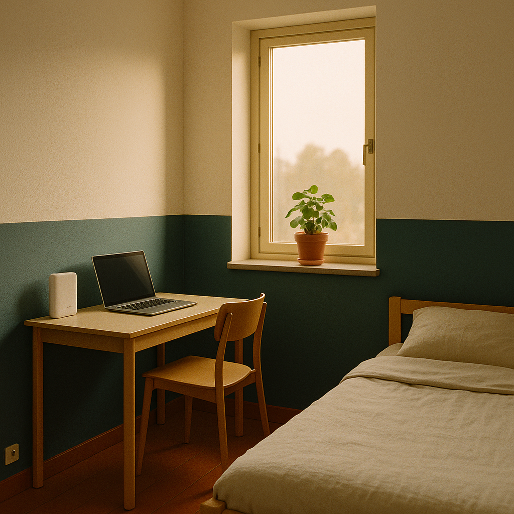 Minimalistiskt svenskt studentrum med skrivbord och router