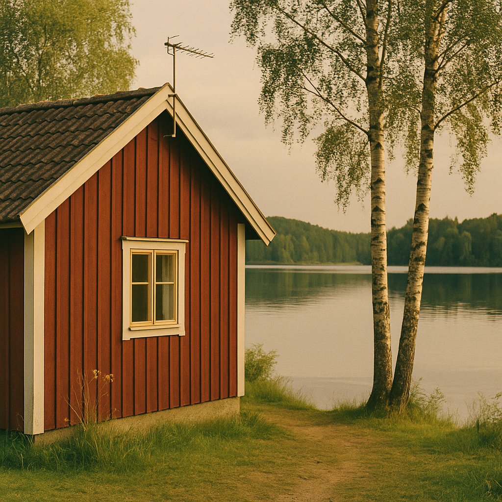 Svensk röd stuga vid sjö i sommarens kvällsljus med antenn på gavelvägg