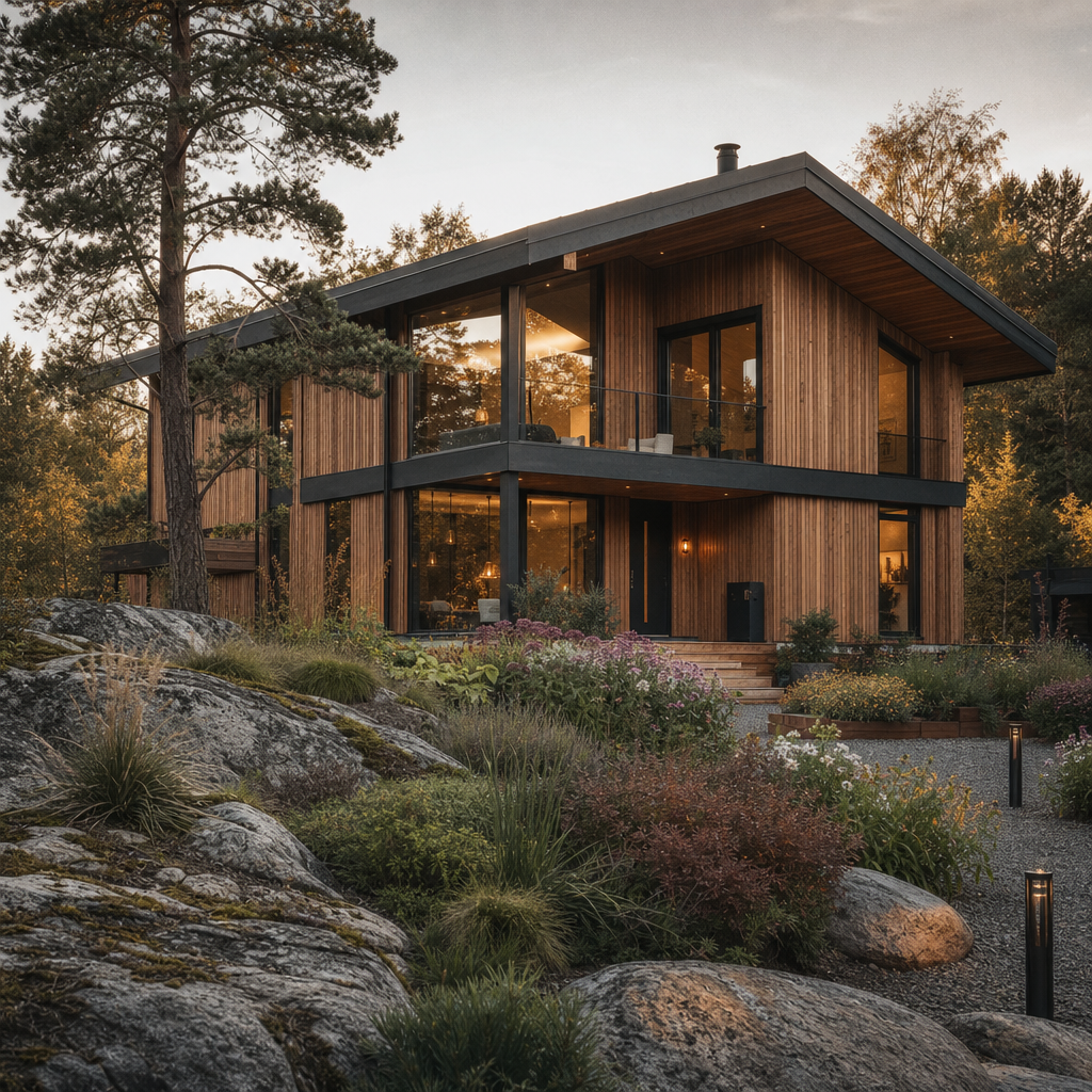 Skandinavisk villa i kvällsljus