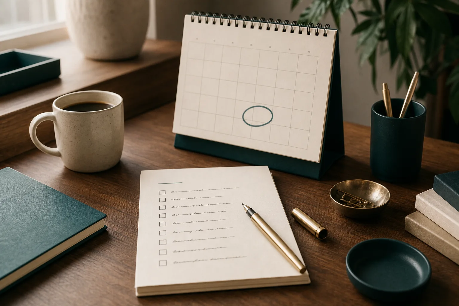 Skrivbordskalender, handskriven checklista och kaffekopp — planering inför operatörsbyte