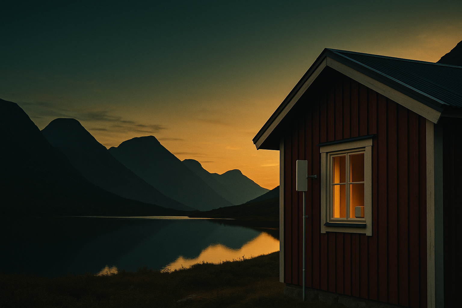 Svensk fjäll- och sjölandskap vid skymning med en bostad och bredbandsantenn